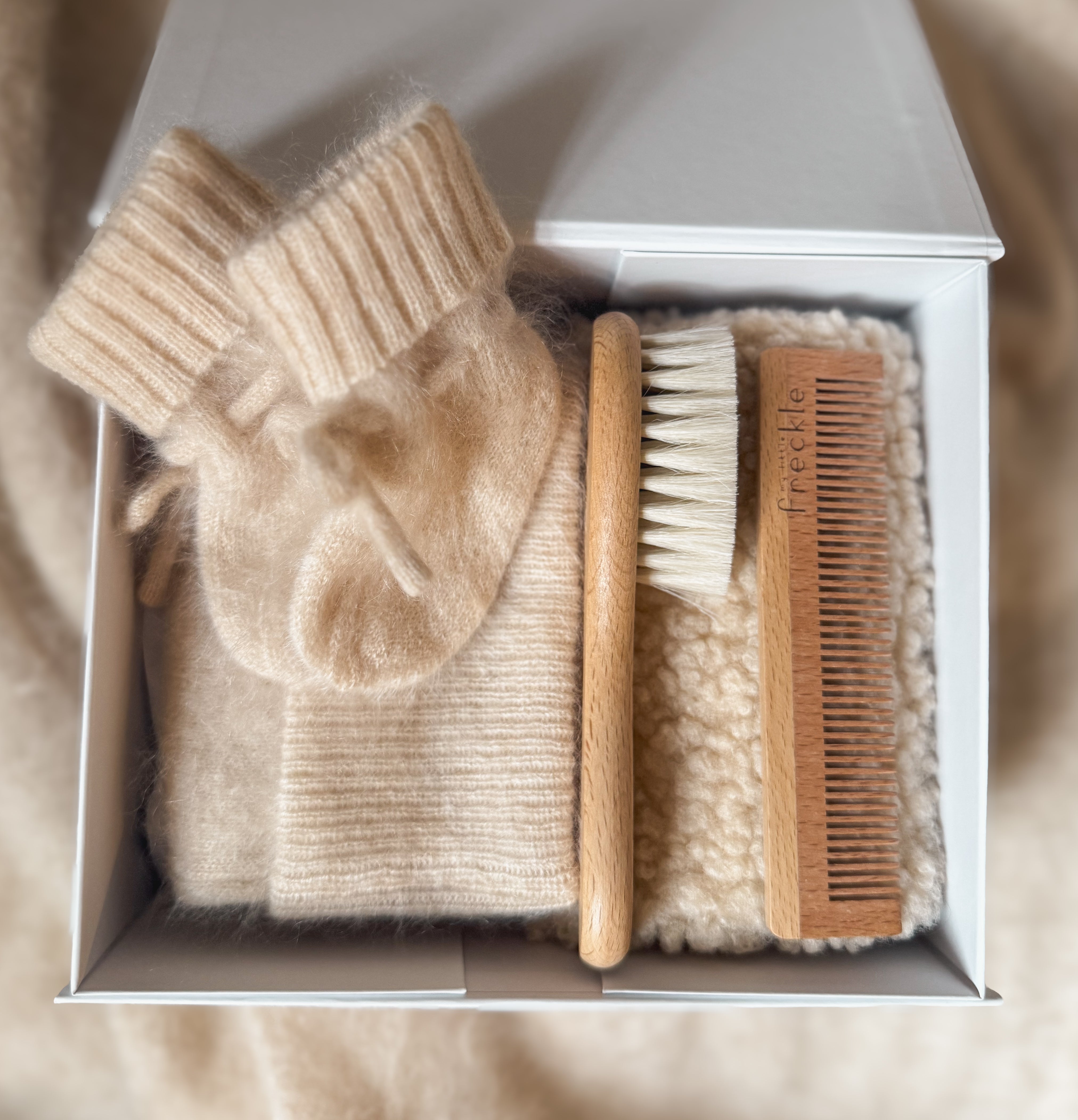 Brushed Cashmere Hat and Booties Gift Set Beige