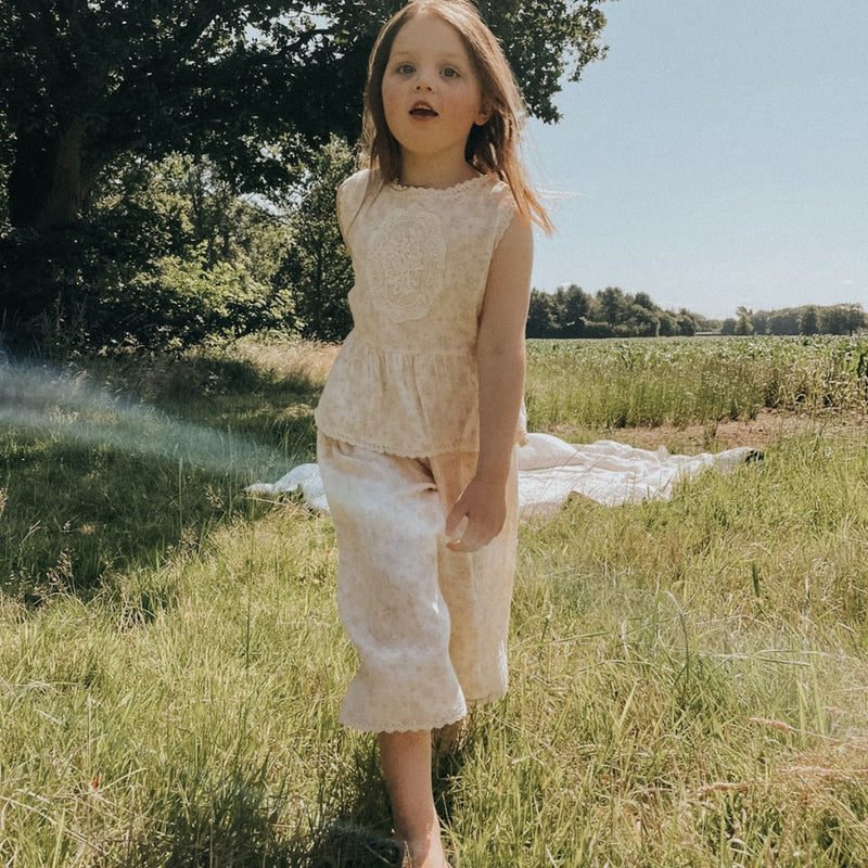 Vintage faded rose blouse and trouser set. Stunning lace detail across the front of the blouse, lace detail on the neckline, sleeves and trouser edging. Featuring three beautiful pearl buttons at the back of the blouse  Matching Mummy dress also available 